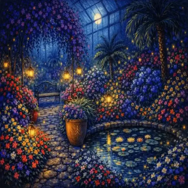 Nighttime Evergreen Conservatory botanical wooden jigsaw puzzle with moonlit greenhouse artwork