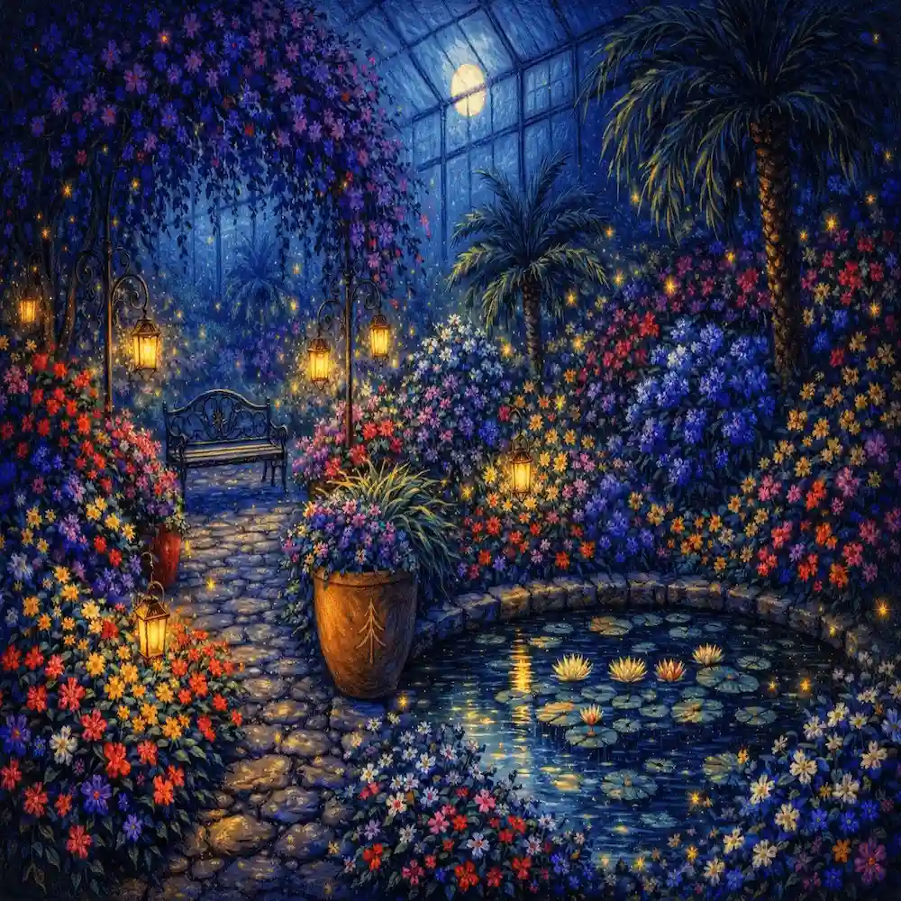 Nighttime Evergreen Conservatory botanical wooden jigsaw puzzle with moonlit greenhouse artwork