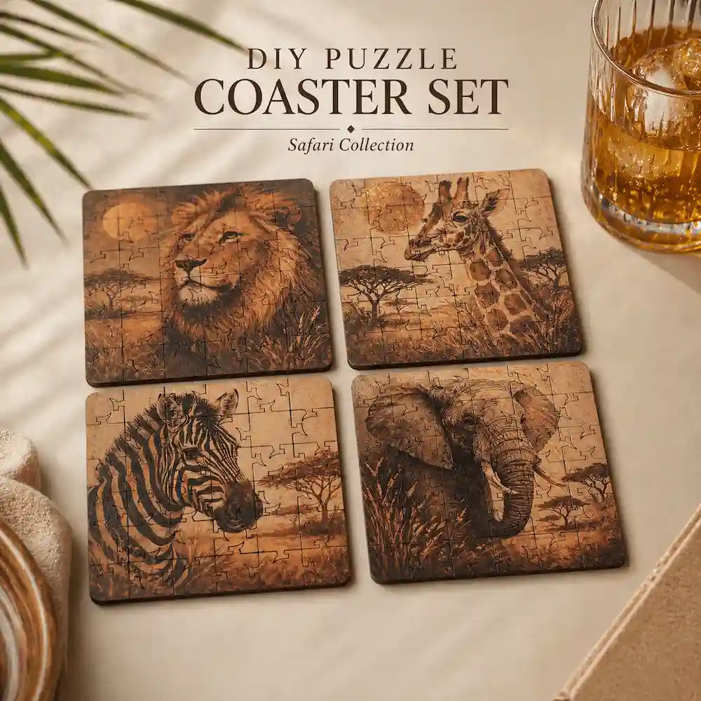 Safari Puzzle Coaster Set with safari animal artwork and tusk-shaped tabs