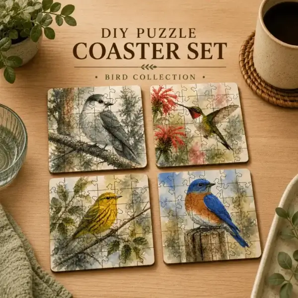Bird Puzzle Coaster Set with bird illustrations and signature bird-shaped tabs