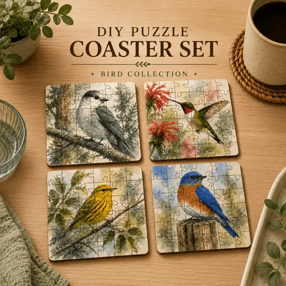 Bird Puzzle Coaster Set with bird illustrations and signature bird-shaped tabs