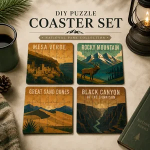 Colorado National Parks Puzzle Coaster Set featuring Mesa Verde, Rocky Mountain, Great Sand Dunes, and Black Canyon artwork with compass needle-shaped tabs