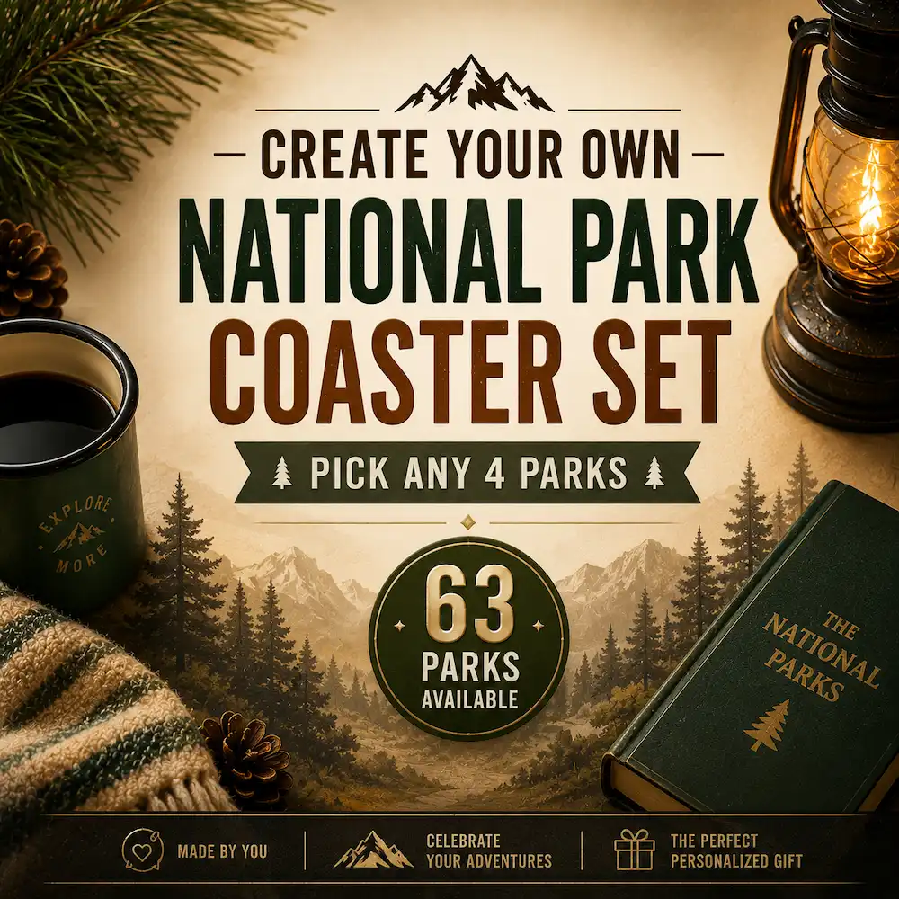 Create Your Own national park puzzle coaster set with 63 park options and compass needle-shaped tabs