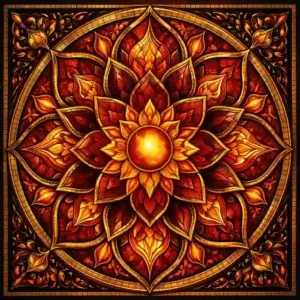 Evergreen Fire Mandala wooden jigsaw puzzle with flame-shaped tabs
