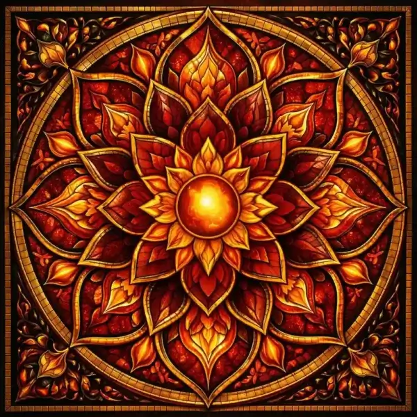 Evergreen Fire Mandala wooden jigsaw puzzle with flame-shaped tabs