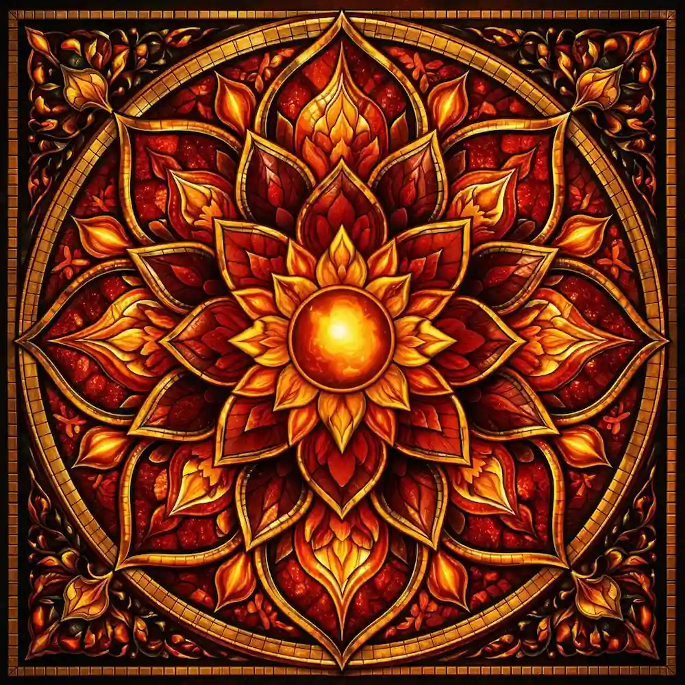 Evergreen Fire Mandala wooden jigsaw puzzle with flame-shaped tabs