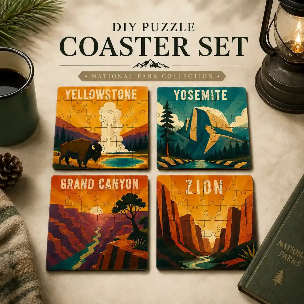 Iconic National Parks Puzzle Coaster Set featuring Yellowstone, Yosemite, Grand Canyon, and Zion artwork with compass needle-shaped tabs
