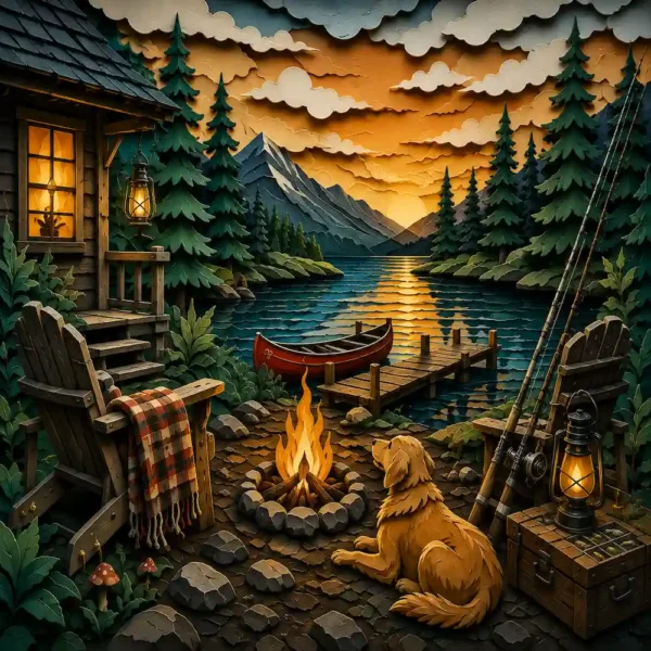 Memories by the Lake fishing wooden jigsaw puzzle featuring a campfire, canoe, fishing cabin, and fish tail interlocking pieces