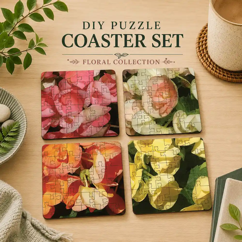 Flower Puzzle Coaster Set with floral watercolor artwork and tulip-shaped tabs