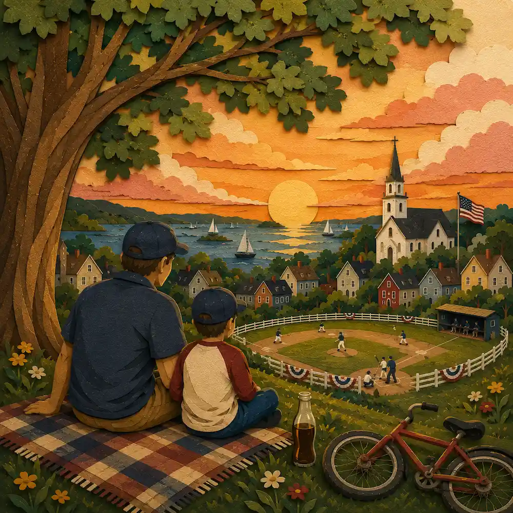 Opening Day Baseball baseball wooden jigsaw puzzle featuring a father and child watching a small-town baseball game at sunset