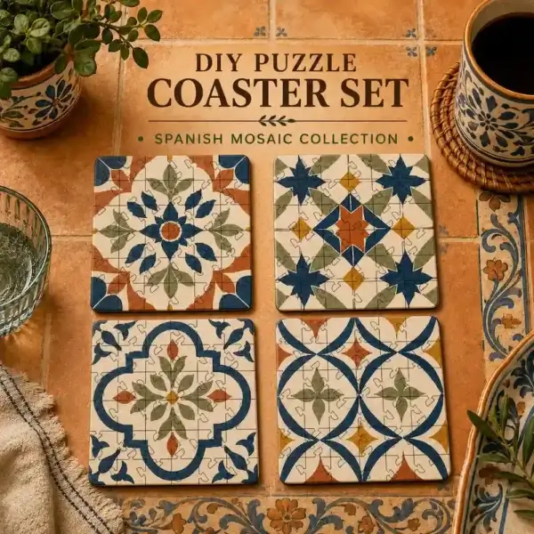 Spanish Mosaic Puzzle Coaster Set | Puzzle Craft featuring Mediterranean-inspired mosaic designs