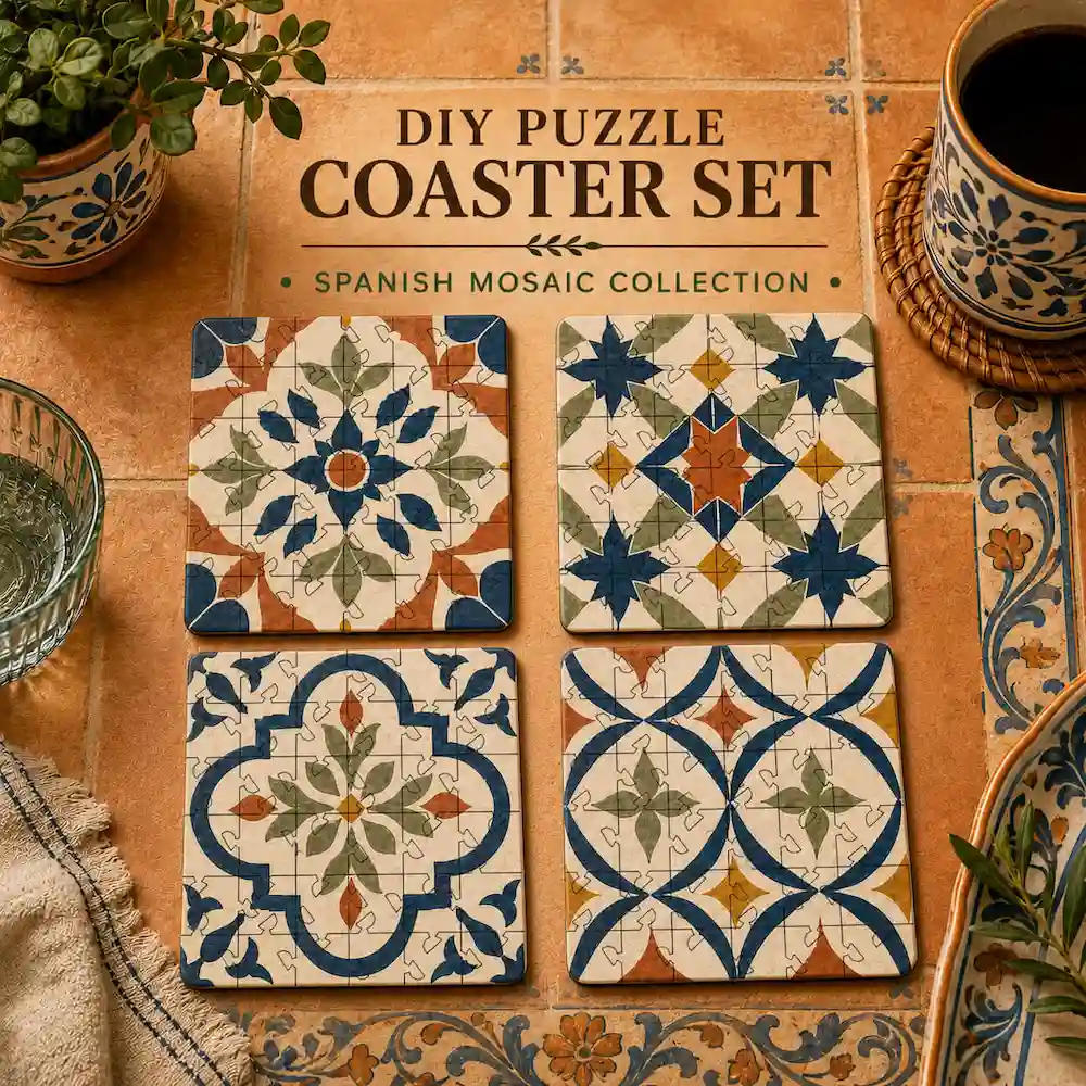 Spanish Mosaic Puzzle Coaster Set | Puzzle Craft featuring Mediterranean-inspired mosaic designs