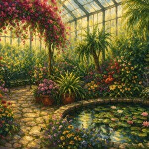 Sunlit Evergreen Conservatory garden wooden jigsaw puzzle with lush greenhouse artwork