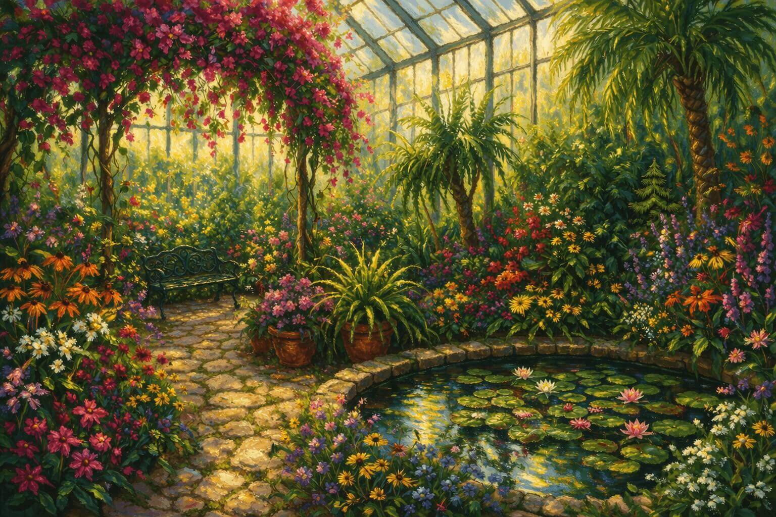 Sunlit Evergreen Conservatory garden wooden jigsaw puzzle with lush greenhouse artwork